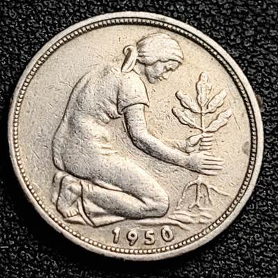泉币菌-第230场-拍品多 请提前出价 20mm 联邦德国50芬尼 G版 种植橡树 1950年