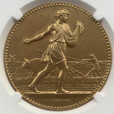 掌中浮雕-藏着的欧洲第059场 - NGC MS66 ： 法国农业协会镀金银章，41mm，丰饶角边铭