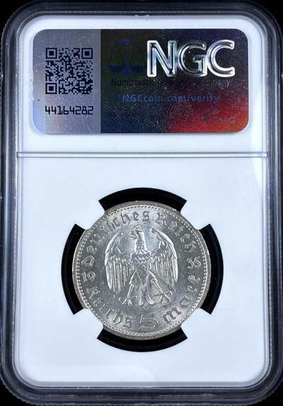 【雨安】【直播拍卖】【评级币章-132期】 2026-04-25 周六 19:30 (金价1050, 银价18.60)  [评级德国] Germany 德国 第三帝国 5马克 KM#0086 (1935-1936) 兴登堡  NGC-MS62