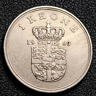 泉币菌-第230场-拍品多 请提前出价 丹麦1969年1克朗 皇冠 弗雷德里克九世国王 25.5mm