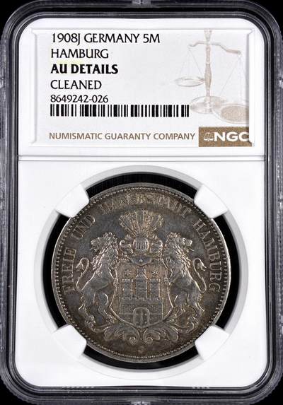 【雨安】【直播拍卖】【评级币章-132期】 2026-04-25 周六 19:30 (金价1050, 银价18.60)  [评级德国] Germany 德国 帝国 J.065 汉堡 5马克 (1891-1913) 双狮 1908年  NGC-AU