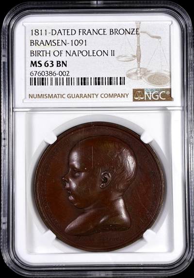 【雨安】【直播拍卖】【评级币章-132期】 2026-04-25 周六 19:30 (金价1050, 银价18.60)  [评级章] France [章] 法国 1811年 拿破仑二世出生 铜章  NGC-MS63