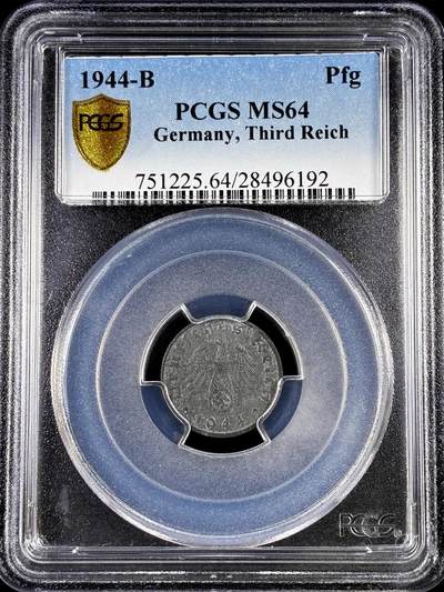 【雨安】【直播拍卖】【评级币章-132期】 2026-04-25 周六 19:30 (金价1050, 银价18.60)  [评级德国] Germany 德国 第三帝国 1芬尼 1944年B  PCGS-MS64