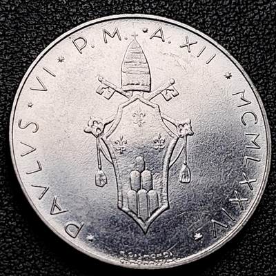 泉币菌-第230场-拍品多 请提前出价 原光极美 1974年梵蒂冈100里拉不锈钢幣 28mm 和平鸽橄榄枝 纪念币铜钱