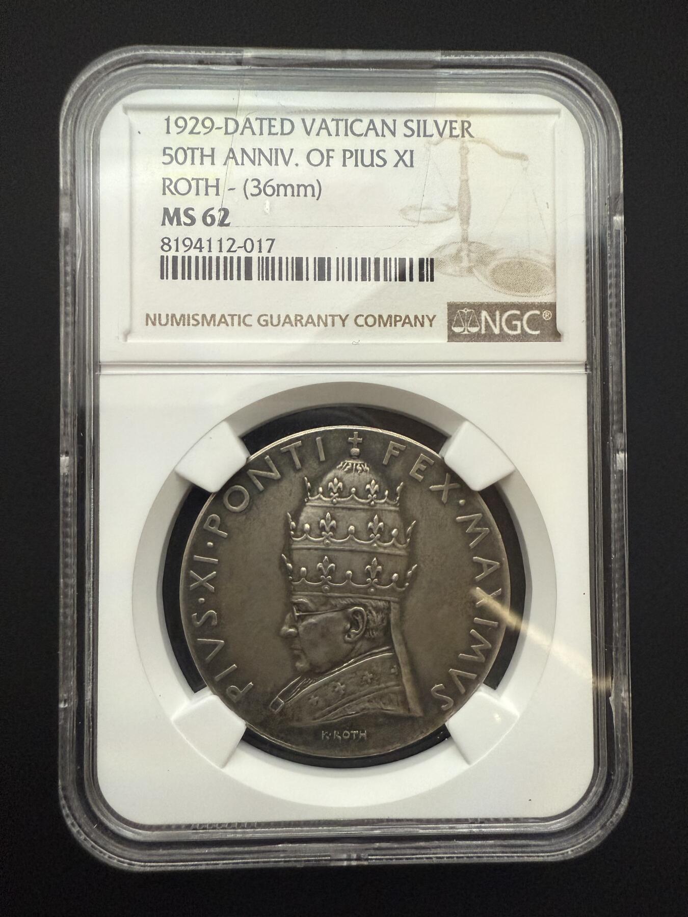 【周六 19:30】乾藏阁外国银币专场・裸币 / 评级币 + 银章铜章 保真包老 梵蒂冈1929年庇护十一世晋铎50周年银质纪念章 NGC MS62