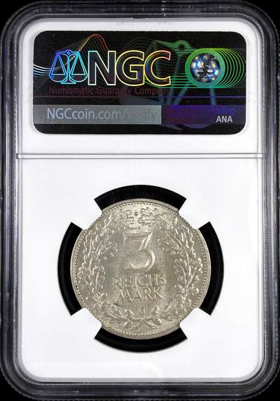 【雨安】【直播拍卖】【评级币章-132期】 2026-04-25 周六 19:30 (金价1050, 银价18.60)  [评级德国] Germany 德国 魏玛 3马克 KM#46 莱茵兰千年 1925年J  NGC-MS62