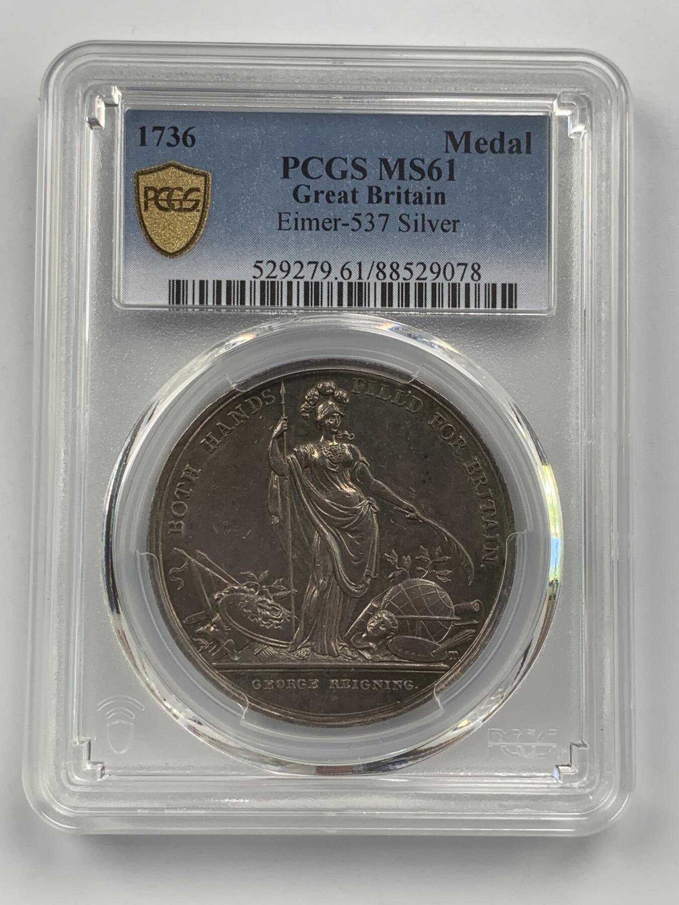 掌中浮雕-藏着的欧洲第059场 PCGS MS61 : 1736年英国乔治二世时期北美殖民地银章，39mm，Eimer-537