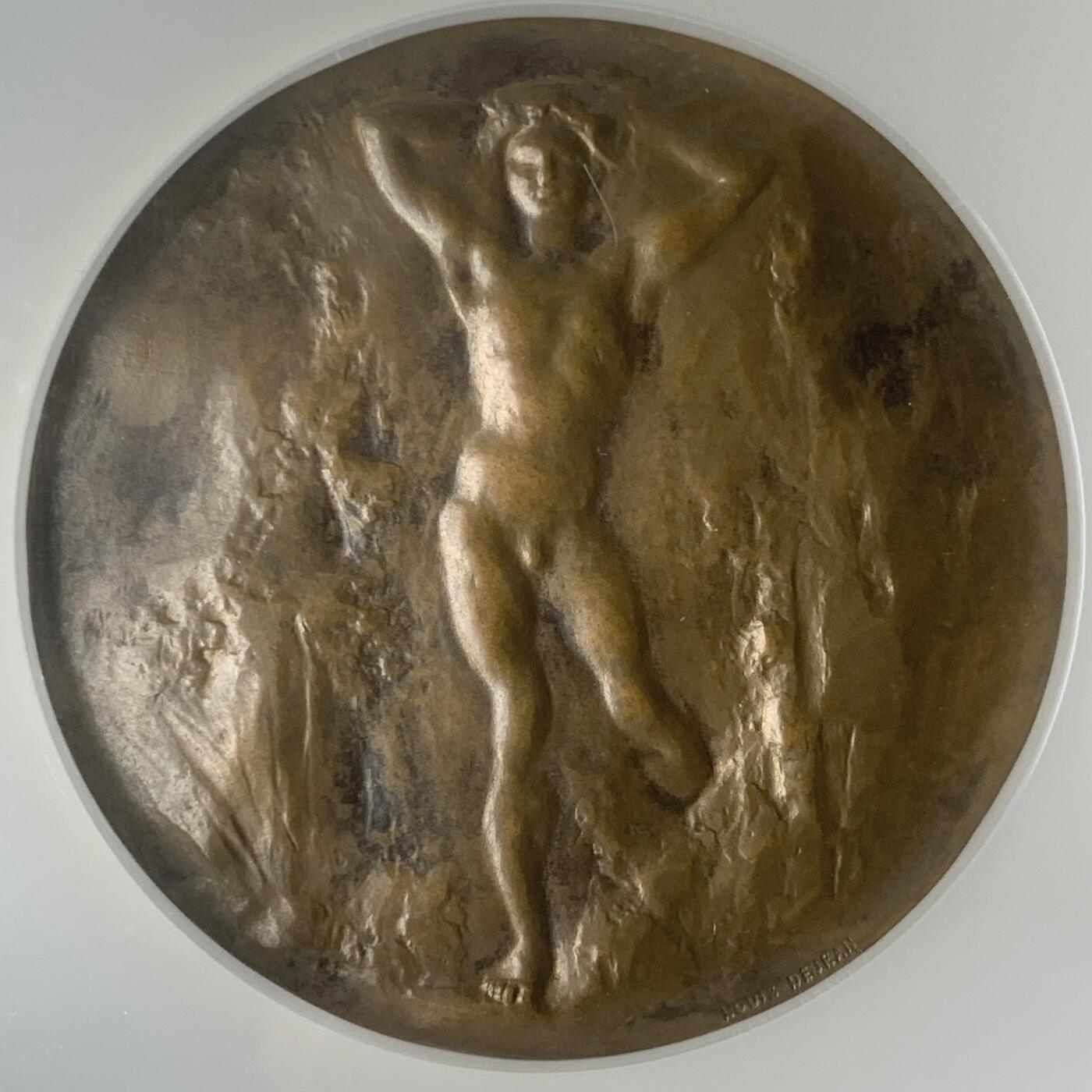 掌中浮雕-藏着的欧洲第059场 NGC MS62 : 1907年法国（SAMF）“青少年”铜章，57mm， 雕刻家：路易斯•德让 Louis Dejean，作品偏爱于裸体表现形式，这款是德让为SAMF协会创作的第二件作品。  Nicolas Maier法国优秀雕刻家作品书#044号  铜章发行量：109枚