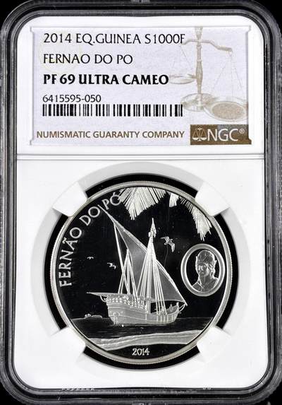 【雨安】【直播拍卖】【评级币章-132期】 2026-04-25 周六 19:30 (金价1050, 银价18.60)  [评级现代] Equatorial Guinea 赤道几内亚 1000法郎 2014年 帆船 NGC-PF69UC