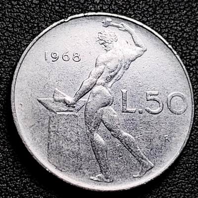 泉币菌-第230场-拍品多 请提前出价 意大利 1968年 50里拉 锻冶之神 伍尔坎 24mm