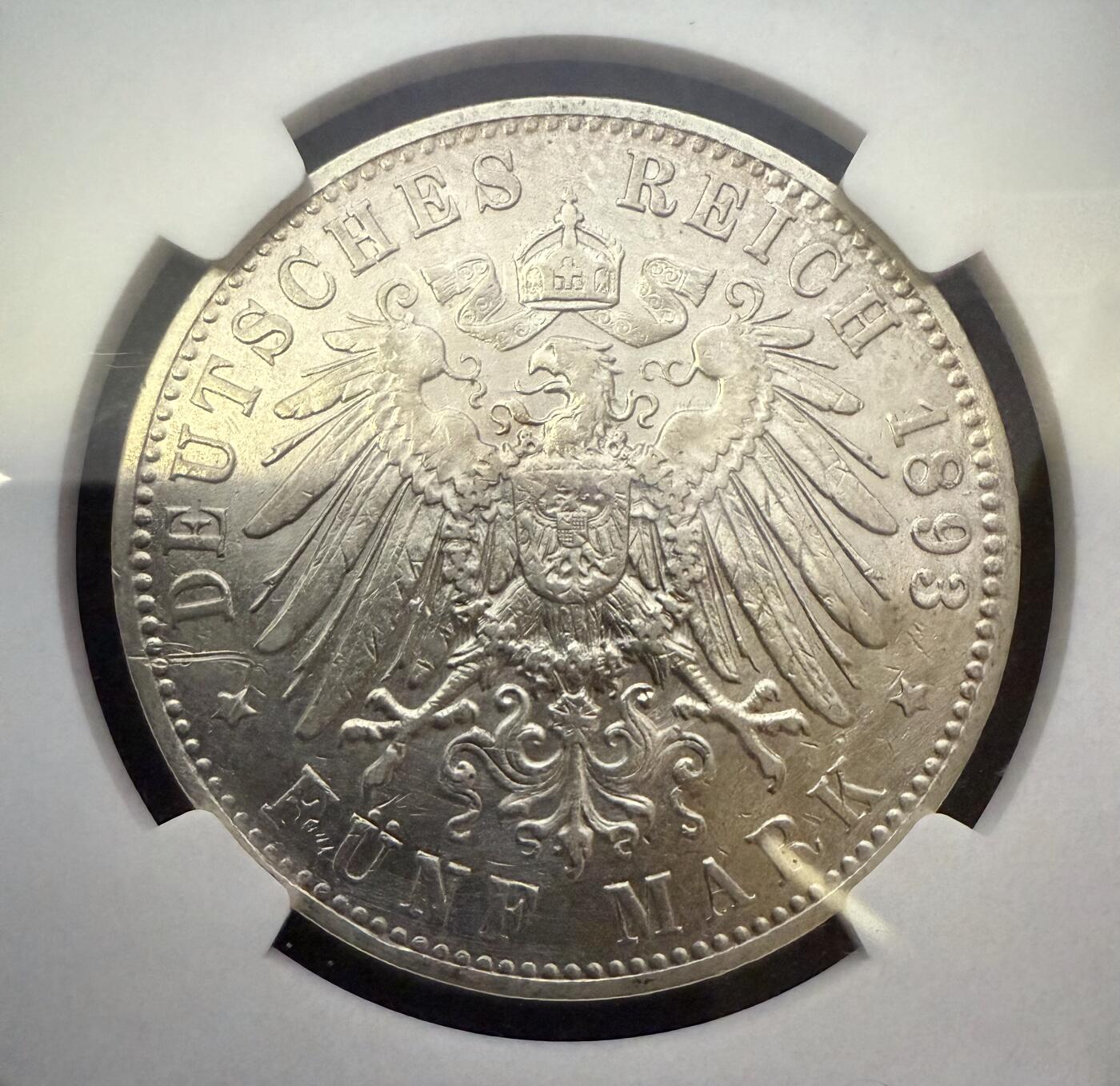 【周六 19:30】乾藏阁外国银币专场・裸币 / 评级币 + 银章铜章 保真包老 德国1893年J厂汉堡自由市5马克银币 NGC XF Details