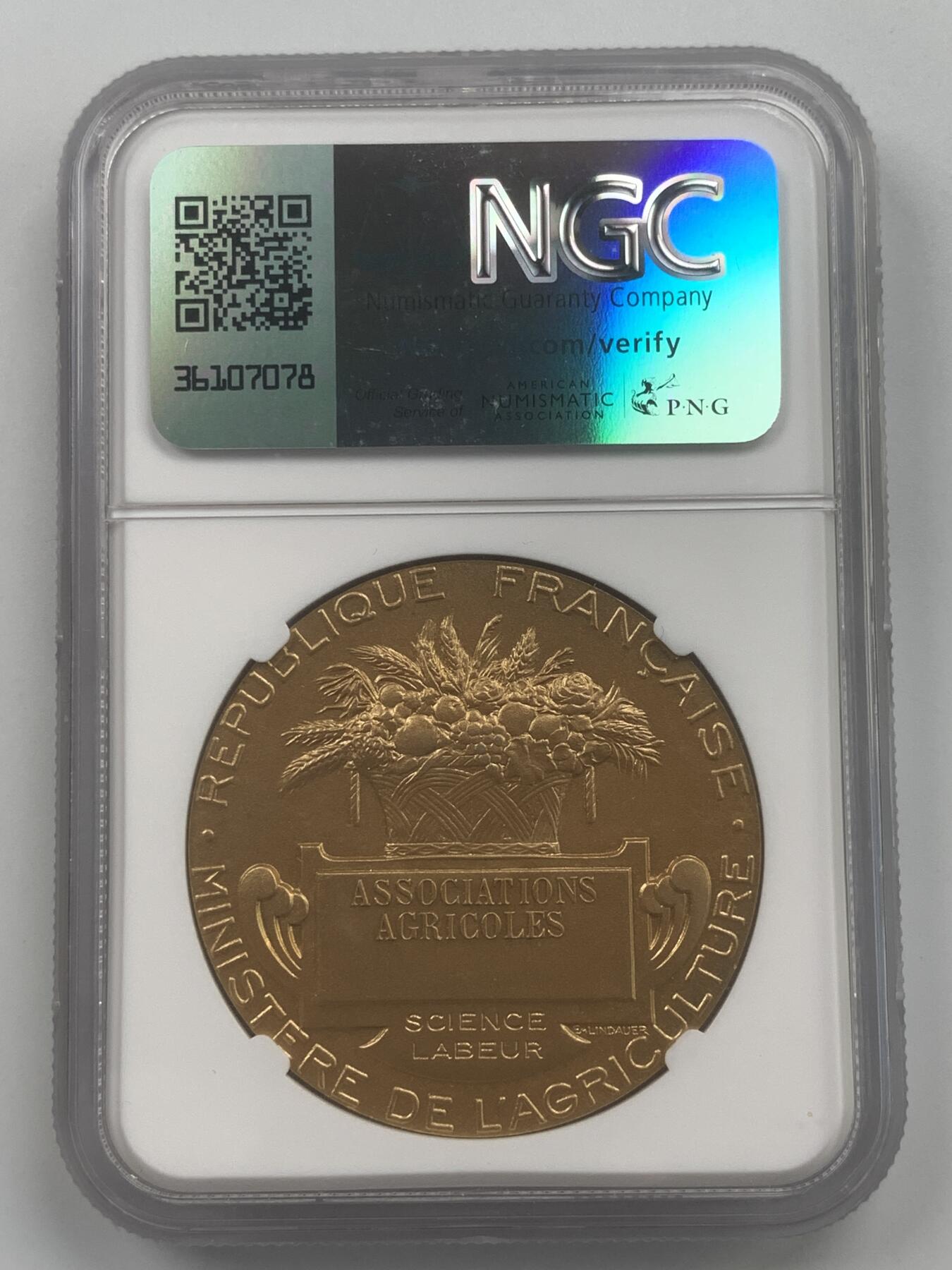 掌中浮雕-藏着的欧洲第059场 NGC MS66 ： 法国农业协会镀金银章，41mm，丰饶角边铭