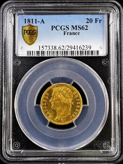 【雨安】【直播拍卖】【评级币章-132期】 2026-04-25 周六 19:30 (金价1050, 银价18.60)  [评级金铂] France [金币] 法国 20法郎 KM#0695 (1809-1814) 拿破仑一世 1811年  PCGS-MS62