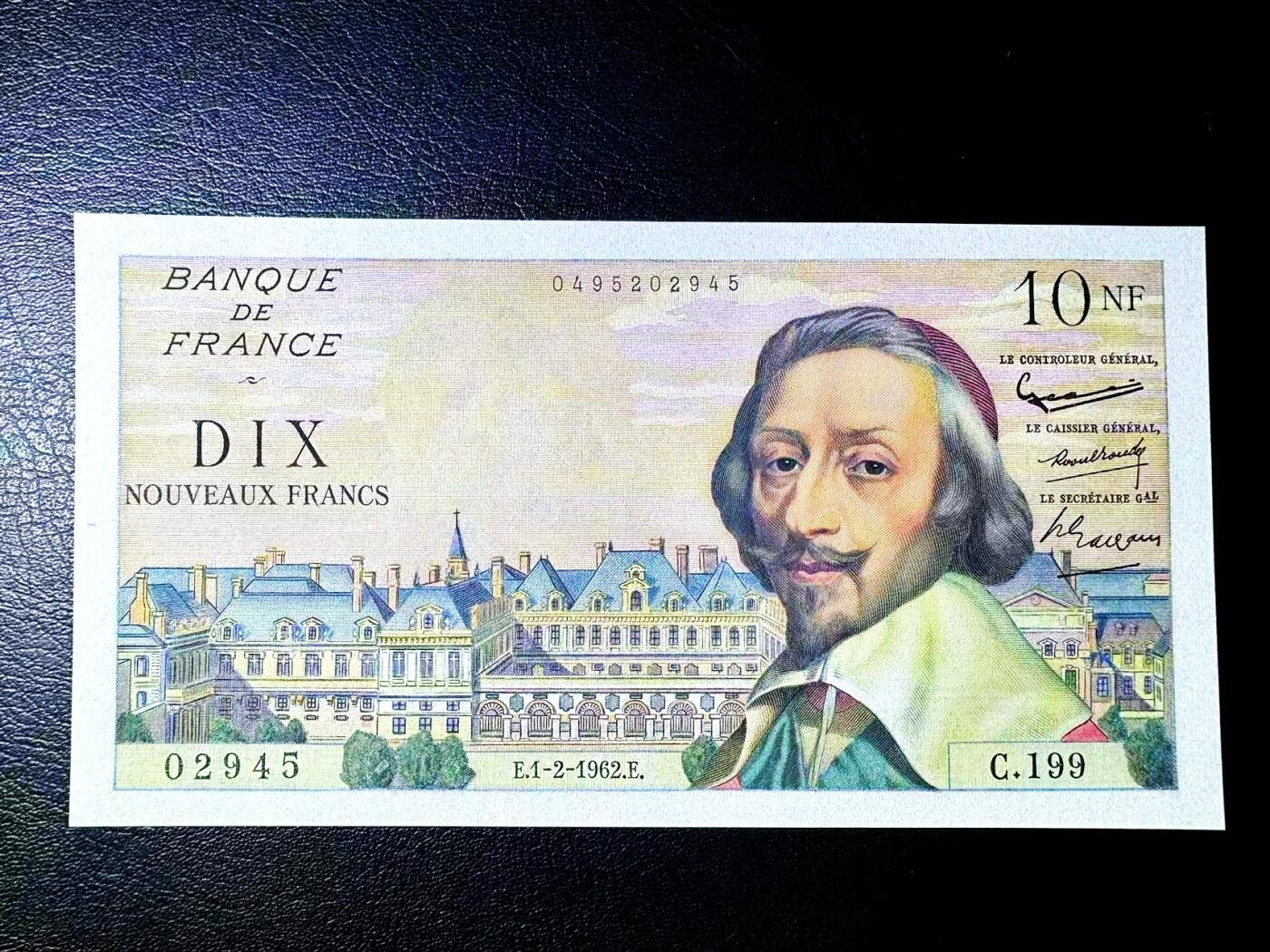 【Blue Auction】世界纸币精拍第812期——18级TOP拍卖/信誉/品质/专业/高效💫 法国 1962年10新法郎 红衣主教 AU+无针孔