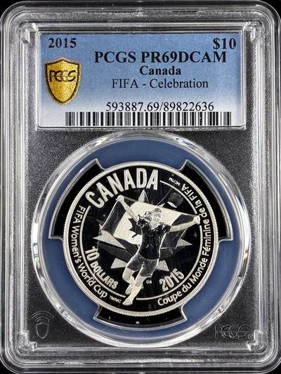 【雨安】【直播拍卖】【评级币章-132期】 2026-04-25 周六 19:30 (金价1050, 银价18.60)  [评级现代] Canada 加拿大 10元 2015年 FIFA-庆祝 PCGS-PR69DCAM 精制币
