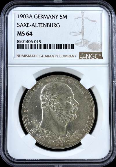【雨安】【直播拍卖】【评级币章-132期】 2026-04-25 周六 19:30 (金价1050, 银价18.60)  [评级德国] Germany 德国 帝国 J.144 萨克森-阿尔滕堡 5马克 (1903) 登基50周年 1903年  NGC-MS64