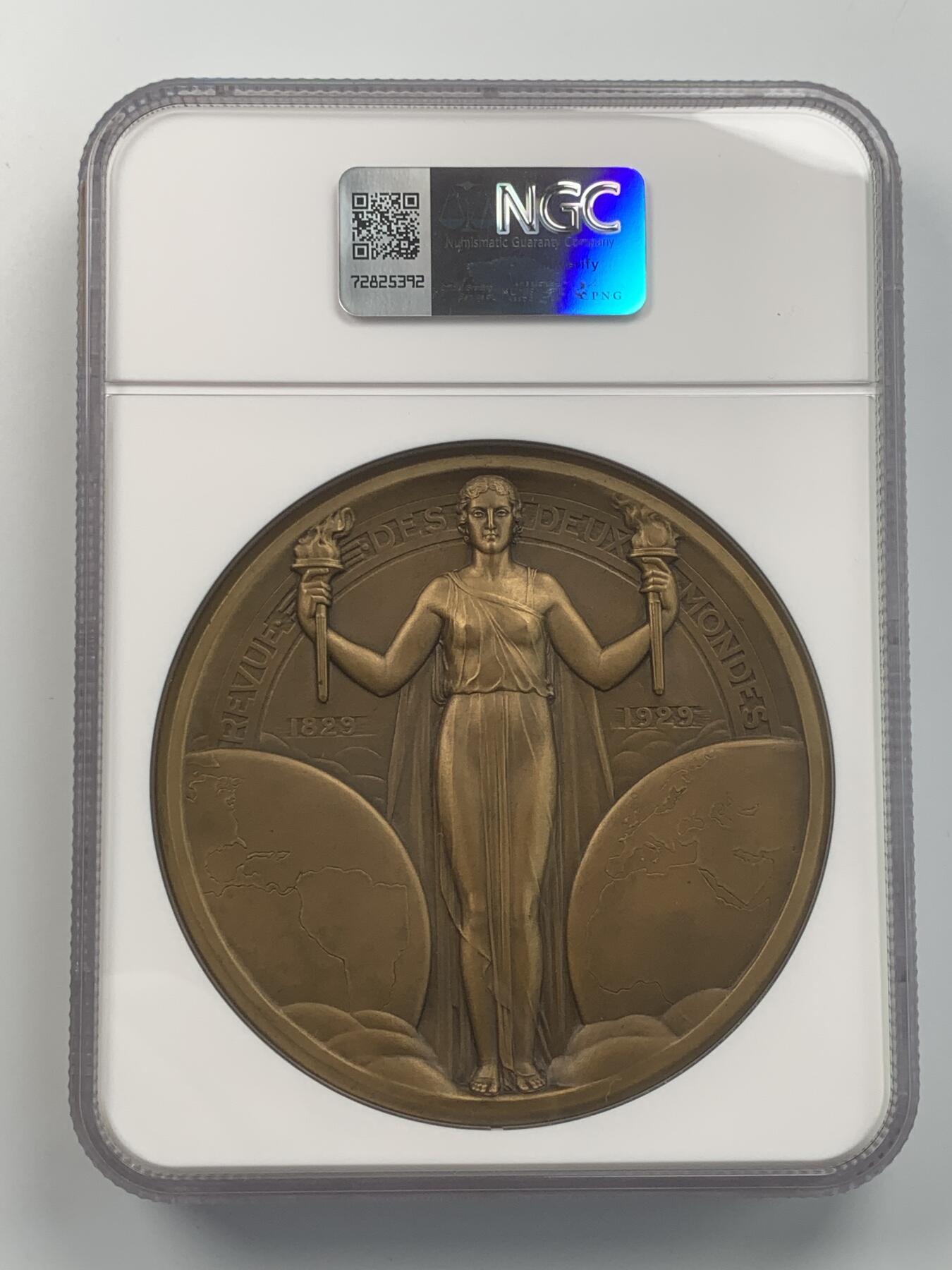 掌中浮雕-藏着的欧洲第059场 NGC MS65 : 1929年法国“两个世界的审阅一百周年纪念”纪念铜章，98mm，裸章重约450克   