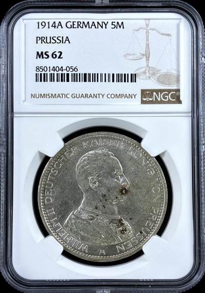 【雨安】【直播拍卖】【评级币章-132期】 2026-04-25 周六 19:30 (金价1050, 银价18.60)  [评级德国] Germany 德国 帝国 J.114 普鲁士 5马克 (1913-1914) 军装 1914年  NGC-MS62