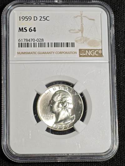 刘世昌艺术品销售中心～虎踞龙蟠*金杨在线联拍群第522期 - 美国1959年“华盛顿”25分银币（NGC    MS64    串号：6178470-028）1枚。