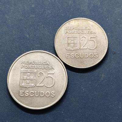 【全场包邮】纯粹捡漏拍522场 葡萄牙1977/1980年25埃斯库多女神大小版2枚一组 UNC品相