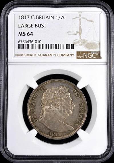 【雨安】【直播拍卖】【评级币章-132期】 2026-04-25 周六 19:30 (金价1050, 银价18.60)  [评级欧洲] Great Britain 英国 1/2克朗 1817年 乔治三世  NGC-MS64