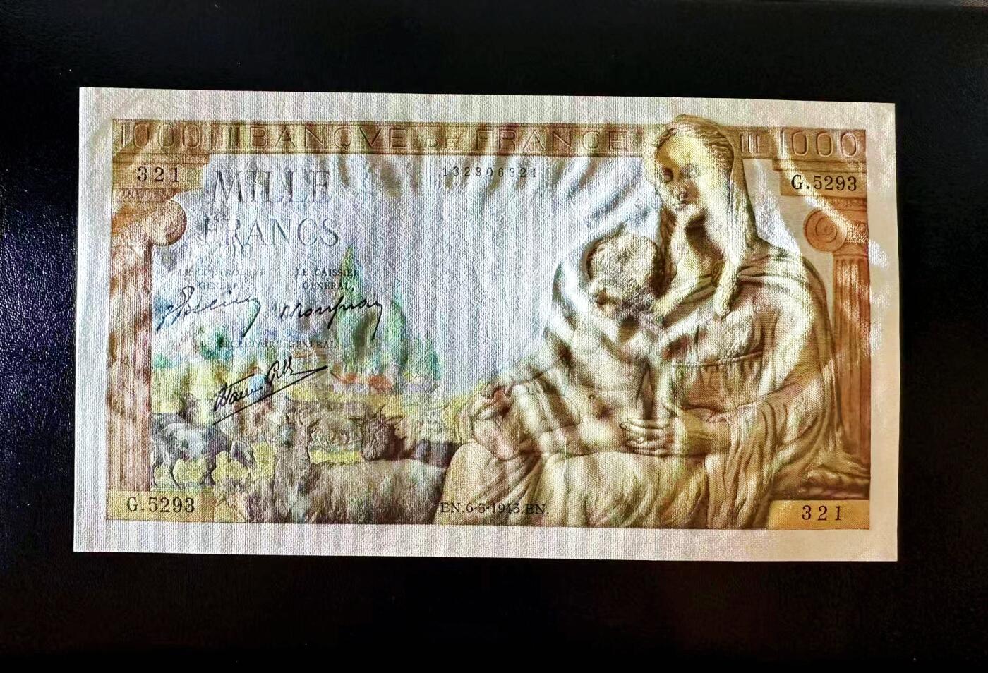 【Blue Auction】世界纸币精拍第812期——18级TOP拍卖/信誉/品质/专业/高效💫 【321倒顺子】法国 1943年1000法郎 大票幅 墨丘利 UNC灯下微斑