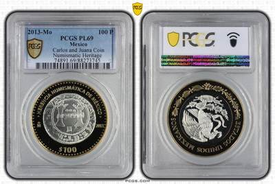 S&S Numismatic世界钱币-拍卖 第126期  墨西哥2013年 墨西哥钱币遗产系列3-卡洛斯和胡安娜银币 100比索双色镶嵌925银纪念币 PCGS PL69