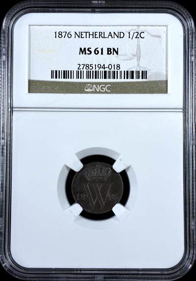 【雨安】【直播拍卖】【评级币章-132期】 2026-04-25 周六 19:30 (金价1050, 银价18.60)  [评级欧洲] Netherlands 荷兰 王国 1/2分 1876年 威廉三世  NGC-MS61 荷兰早期辅币MS非常难得