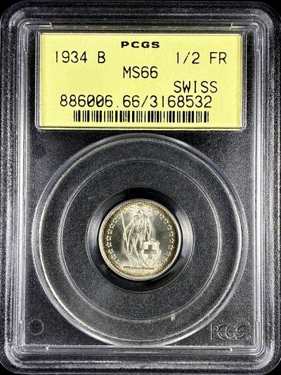 【雨安】【直播拍卖】【评级币章-132期】 2026-04-25 周六 19:30 (金价1050, 银价18.60)  [评级欧洲] Switzerland 瑞士 1/2法郎 1934年  PCGS-MS66 经典老盒子