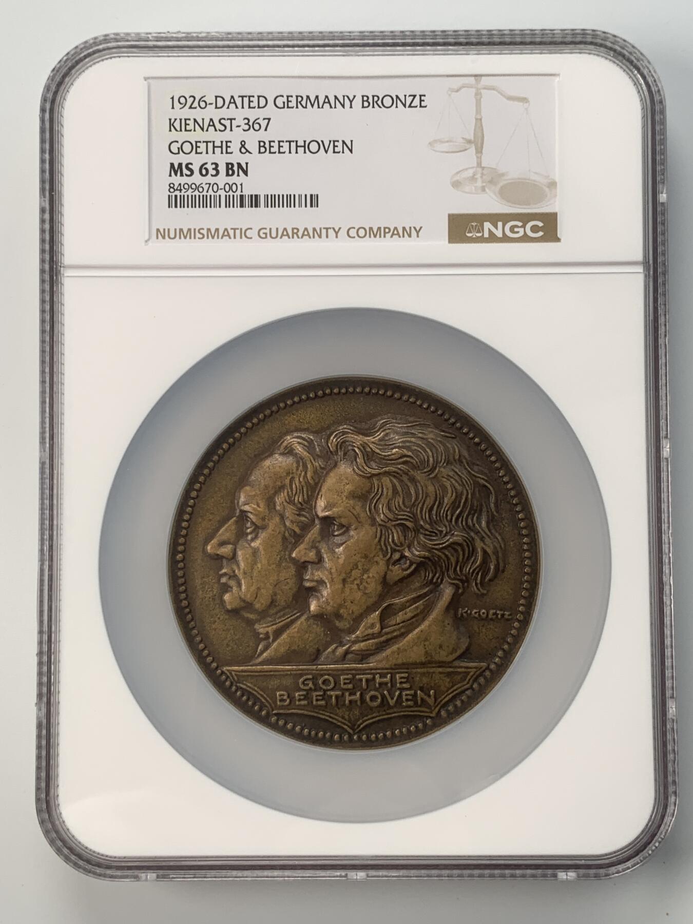 掌中浮雕-藏着的欧洲第059场 NGC MS63 : 1926年德国瓦特堡五月节，歌德&贝多芬铜章，75mm，大师卡尔哥茨作品，歌茨目录op367               