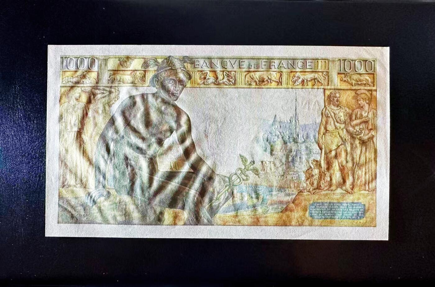 【Blue Auction】世界纸币精拍第812期——18级TOP拍卖/信誉/品质/专业/高效💫 【321倒顺子】法国 1943年1000法郎 大票幅 墨丘利 UNC灯下微斑