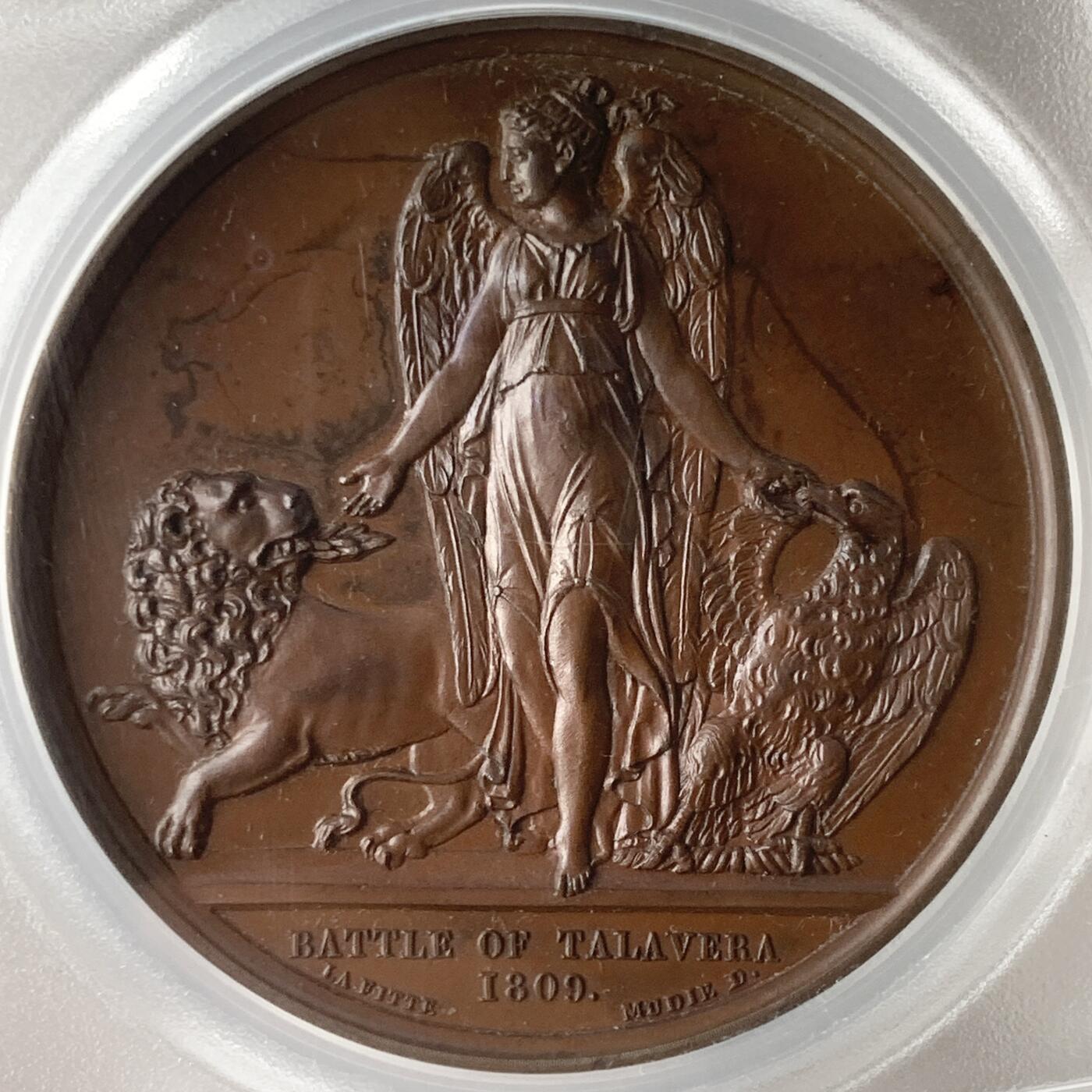 掌中浮雕-藏着的欧洲第059场 PCGS PR64  : 1809年英国惠灵顿公爵塔拉维拉战役胜利纪念铜章 , 41mm, 盒子有裂，不影响密封