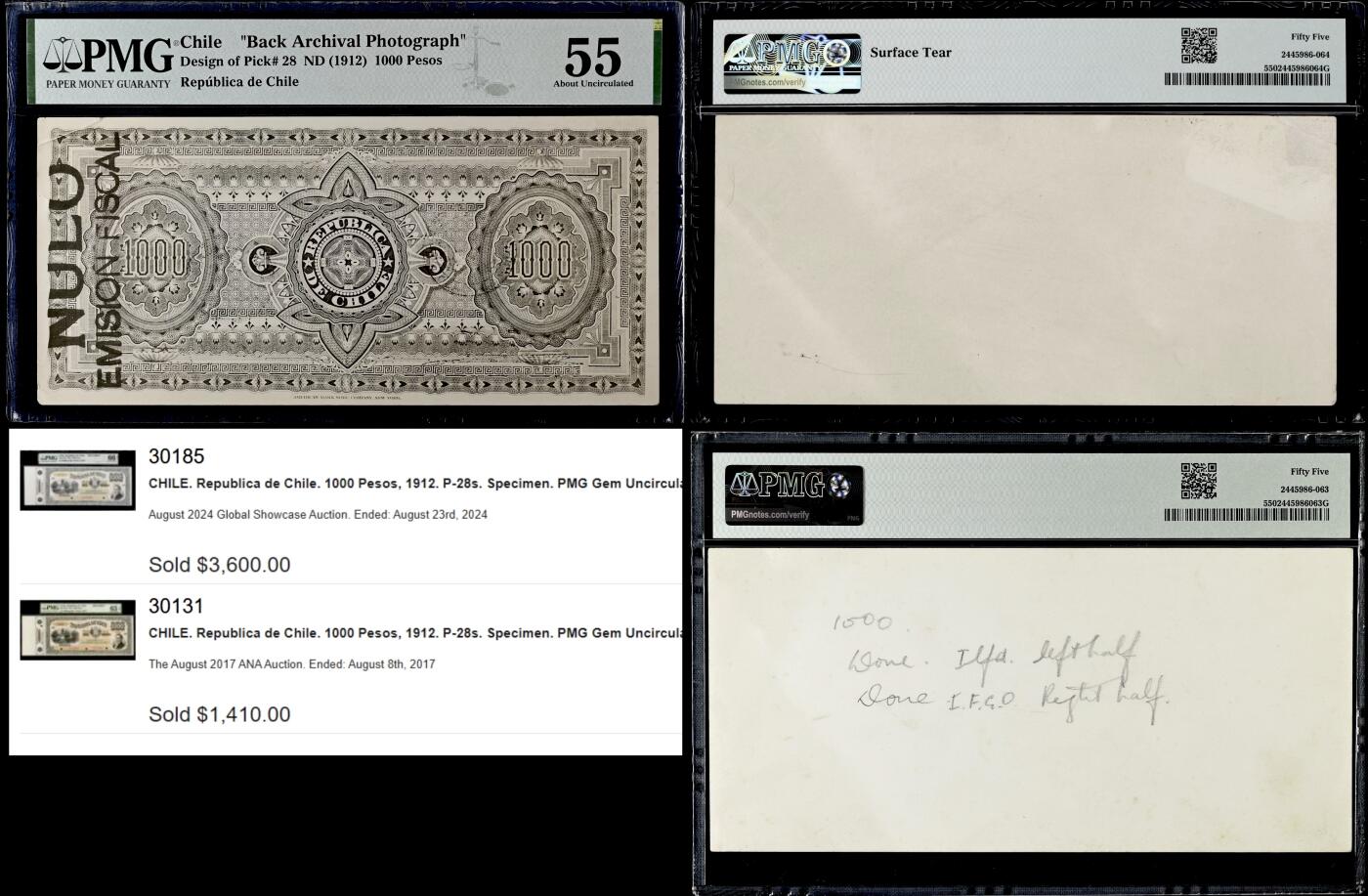 【Blue Auction】世界纸币精拍第812期——18级TOP拍卖/信誉/品质/专业/高效💫 【最高面值 正背面财政部留档印样一对】智利1912年1000比索 国父贝尔纳多·奥希金斯·里克尔梅 独立纪念碑 PMG55（原版P-28无实钞记录，样钞也仅4张，价格极高，这对官方档案作为平替是不错的选择）