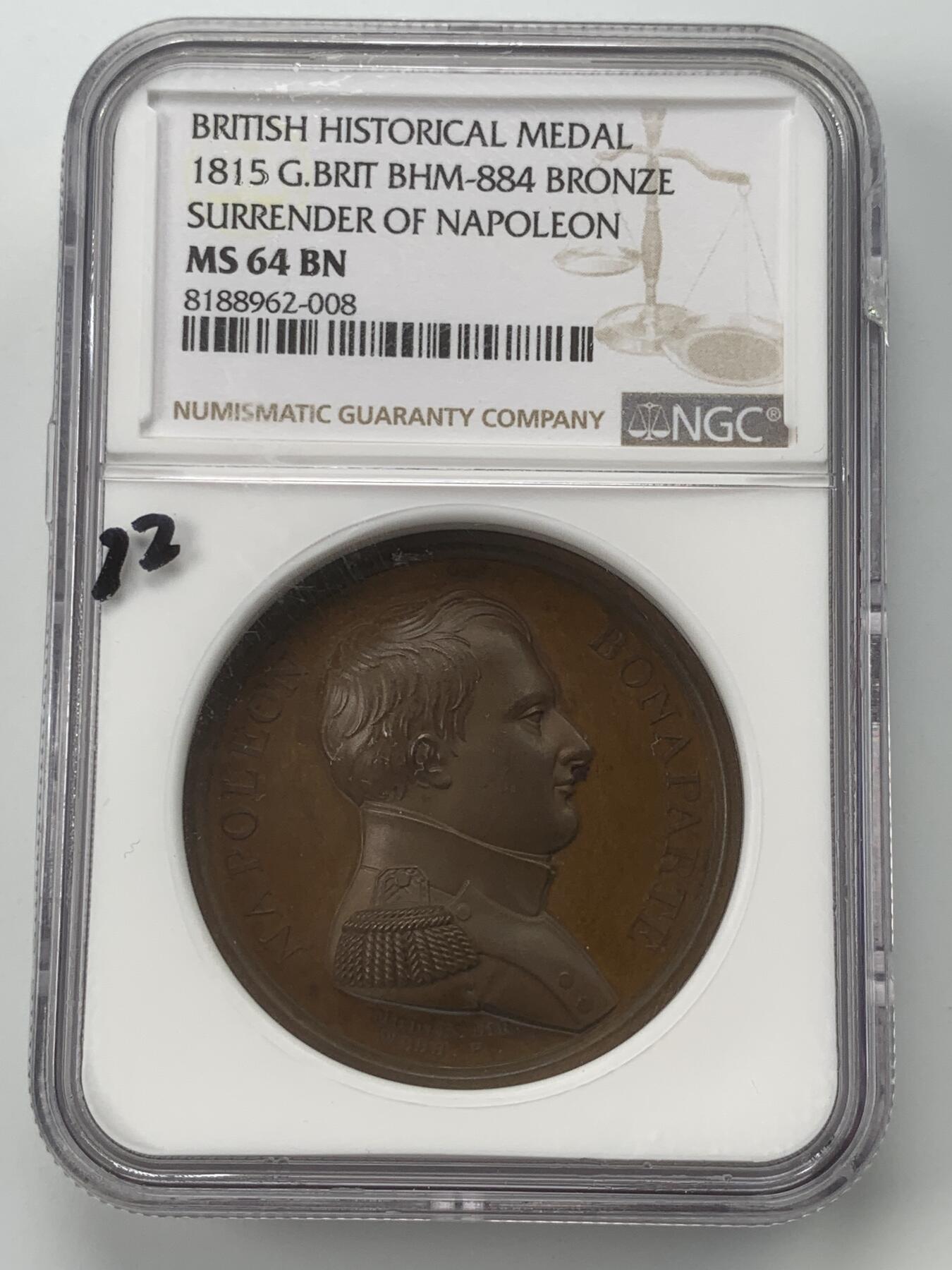 掌中浮雕-藏着的欧洲第059场 NGC MS64 : 1815年拿破仑于柏勒洛丰号战列舰上投降，41mm