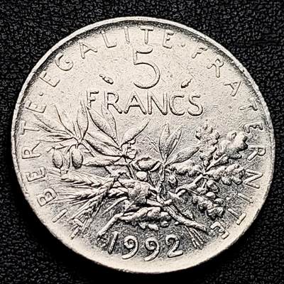 泉币菌-第230场-拍品多 请提前出价 法国早期（1992年）5法郎大镍币 29MM 播种女神 入欧前末版 绝版币