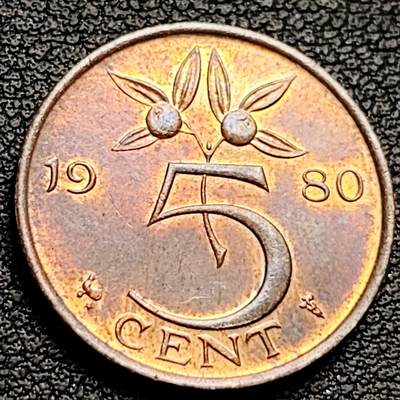 泉币菌-第230场-拍品多 请提前出价 威廉蒙娜女王 荷兰1980年5分青铜币 21毫米 