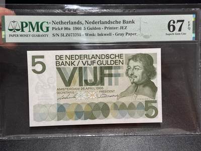 《外钞收藏家》第六百二十九期（精品场）（长期征集拍品、欢迎藏友们联系合作） 1968年荷兰人像版5盾 PMG67