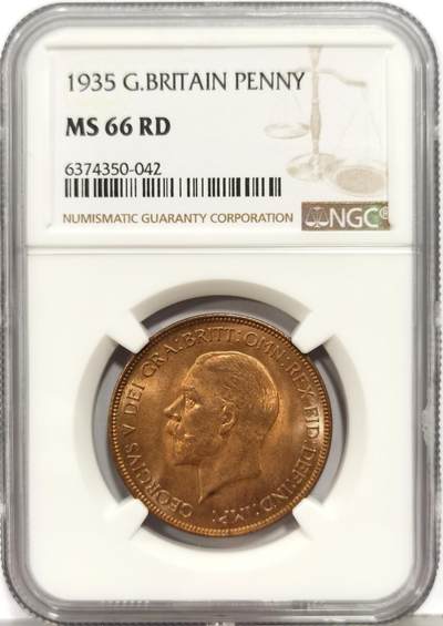 博洋堂“生趣盎然”4月精品专场暨第169期（全场包邮） - NGC MS66RD 英国1935年乔治五世1便士铜币 原厂红铜光 转光强烈 细节优秀 RD级达到此分数实属少见 目前为NGC评级亚军分 高评仅3枚