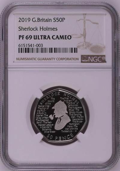 S&S Numismatic世界钱币-拍卖 第126期  英国2019年 福尔摩斯-阿瑟·柯南·道尔爵士诞辰160周年 50便士精制纪念银币 盒证齐全 NGC PF69UC
