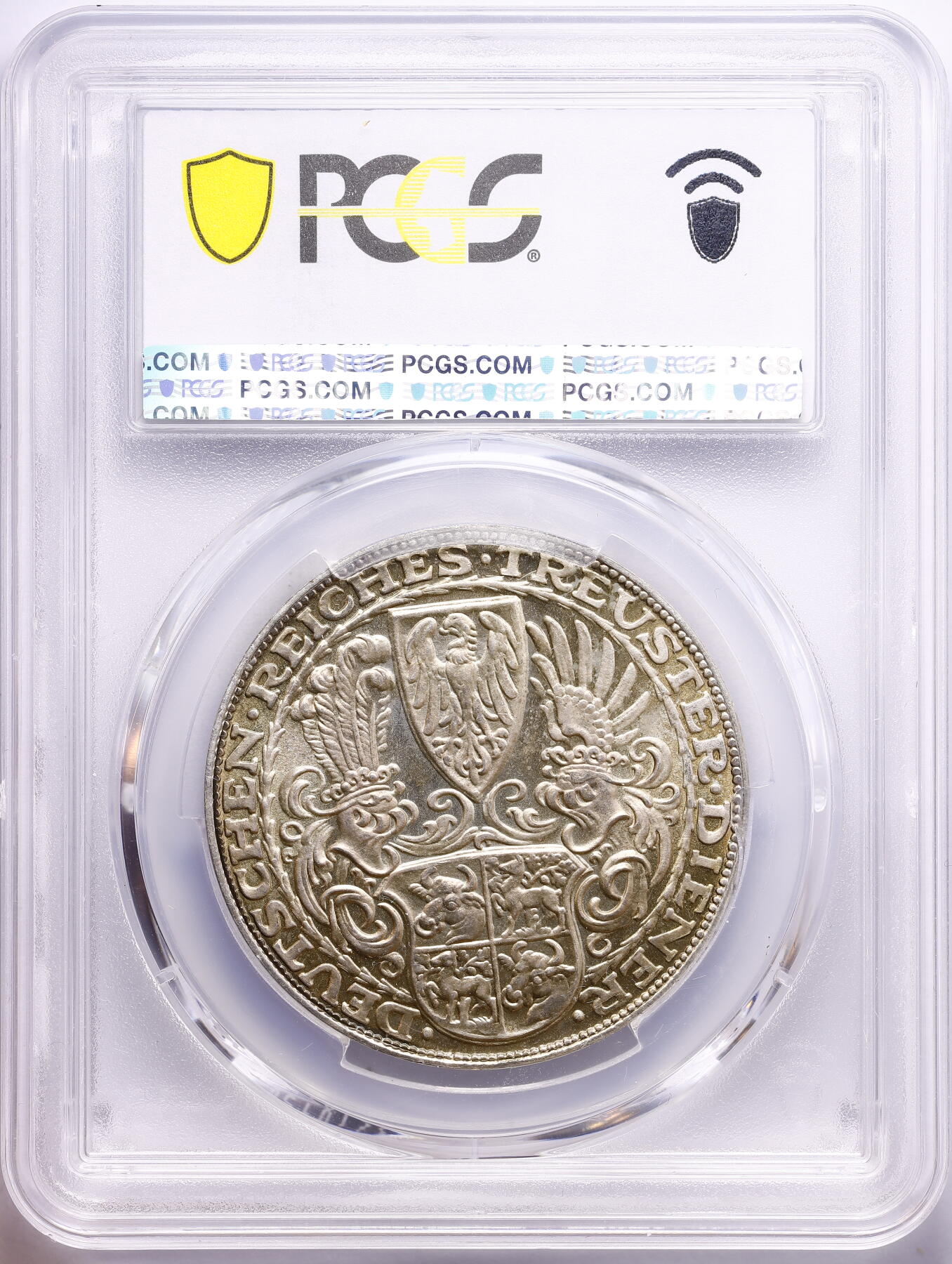 观钱 近现代机制币拍卖No.009（全场顺丰包邮，不区分偏远地区）  1927 年德国魏玛共和国兴登堡 80 寿辰 5 马克银质样章（PCGS SP64）精制版，镜面底板、喷砂浮雕，这个彩包浆能出SP64高分实属不易