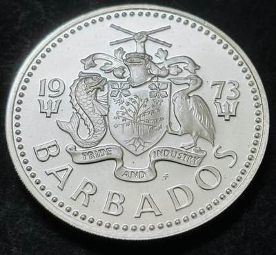 文馨钱币收藏第 303 场，【五一钱币荟，收藏盛宴】长期接代拍业务 全新 1973 年巴巴多斯五元精制纪念银币 31 克 800 银