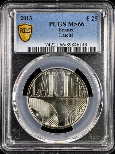 【雨安】【直播拍卖】【评级币章-132期】 2026-04-25 周六 19:30 (金价1050, 银价18.60)  [评级欧元] France 欧元 法国 25欧元 2013年 世俗主义 Laïcité  PCGS-MS66