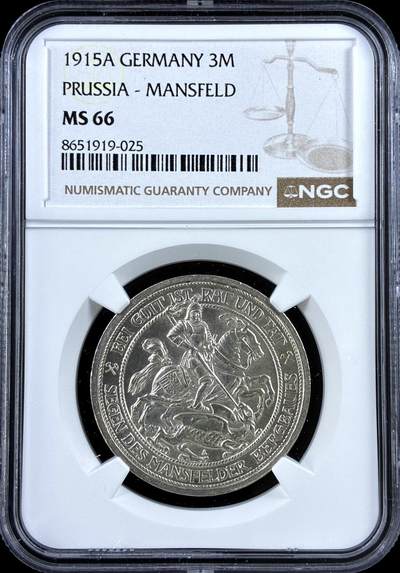 【雨安】【直播拍卖】【评级币章-132期】 2026-04-25 周六 19:30 (金价1050, 银价18.60)  [评级德国] Germany 德国 帝国 J.115 普鲁士 3马克 (1915) 屠龙 1915年  NGC-MS66 车轮光粉光 名誉品种