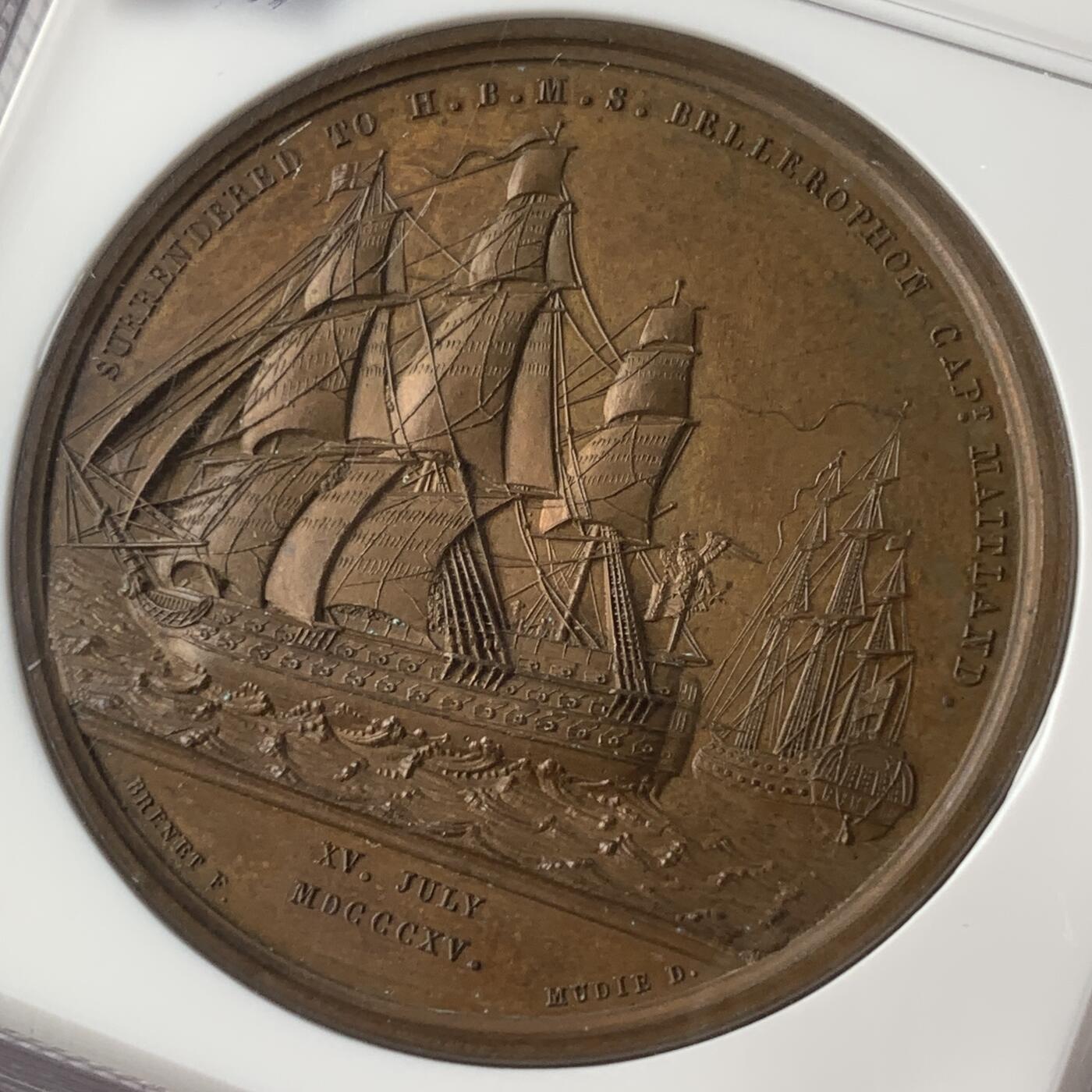 掌中浮雕-藏着的欧洲第059场 NGC MS64 : 1815年拿破仑于柏勒洛丰号战列舰上投降，41mm