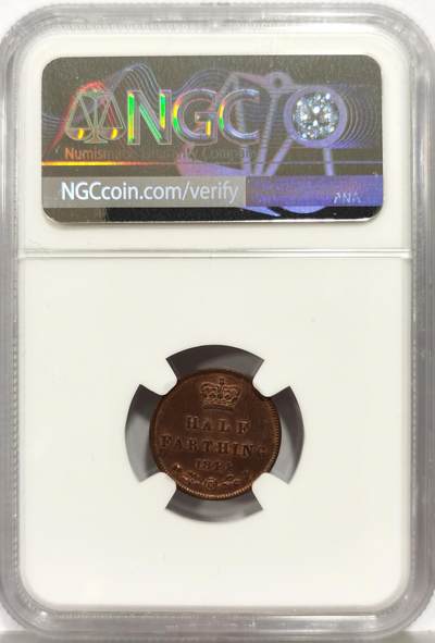 博洋堂“生趣盎然”4月精品专场暨第169期（全场包邮） NGC MS63BN 英国1844年维多利亚1/2法新铜币 设计简约大气、精致小巧的一枚 ，状态难得