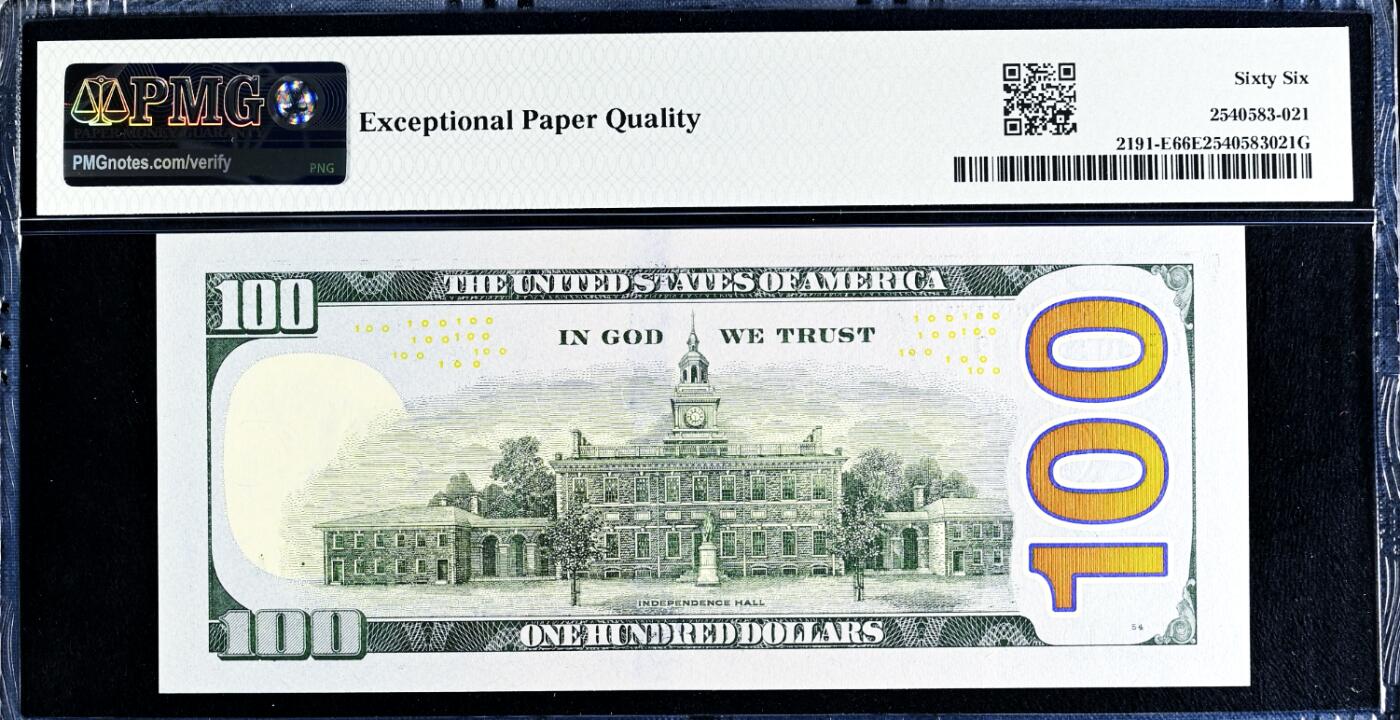 【Blue Auction】世界纸币精拍第812期——18级TOP拍卖/信誉/品质/专业/高效💫    【靓号38888888 恐龙8 近全同8 无47 少见里士满版】美国 2021年100美金 PMG66EPQ （“3”就是半个“8”相当于7.5个8 号码很漂亮 非常有趣）