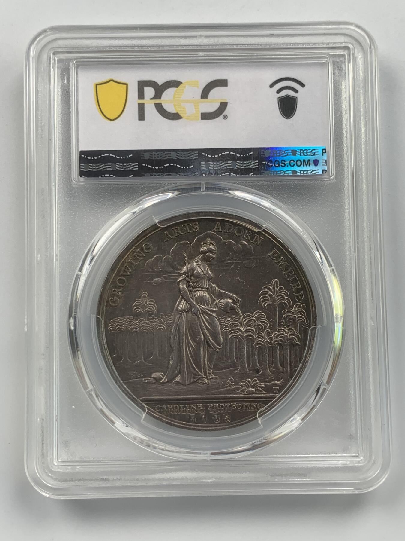 掌中浮雕-藏着的欧洲第059场 PCGS MS61 : 1736年英国乔治二世时期北美殖民地银章，39mm，Eimer-537