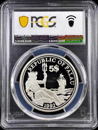 【雨安】【直播拍卖】【评级币章-132期】 2026-04-25 周六 19:30 (金价1050, 银价18.60)  [评级现代] Palau 帕劳 5元 1992年 海洋景观 PCGS-PR67DCAM 精制币