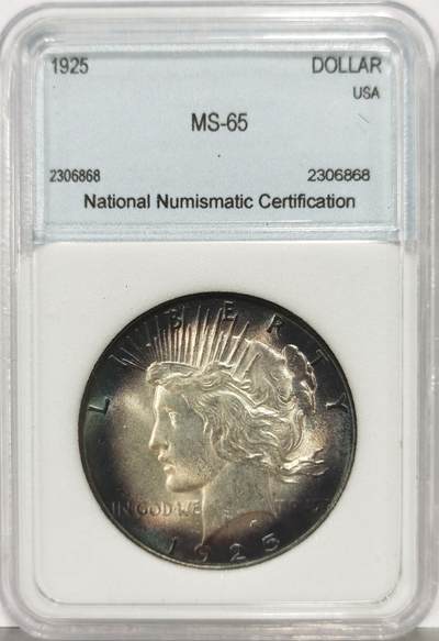 博洋堂“生趣盎然”4月精品专场暨第169期（全场包邮） - NNC MS65 美国1925年和平银币，正面极致幻彩包浆