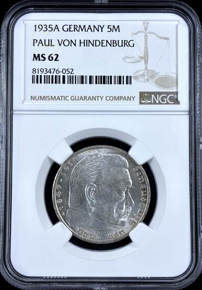 【雨安】【直播拍卖】【评级币章-132期】 2026-04-25 周六 19:30 (金价1050, 银价18.60)  [评级德国] Germany 德国 第三帝国 5马克 KM#0086 (1935-1936) 兴登堡  NGC-MS62